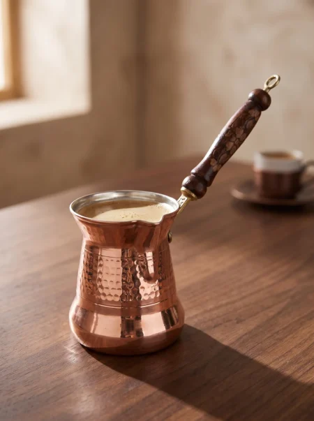 El yapımı bakır cezve — Sultan Bakır Cezve 1 No İnce Ahşap Kulp 2 Fincan Makine Dövme Kırmızı — Türk kahvesi pişirme ve servisi — BakırBul