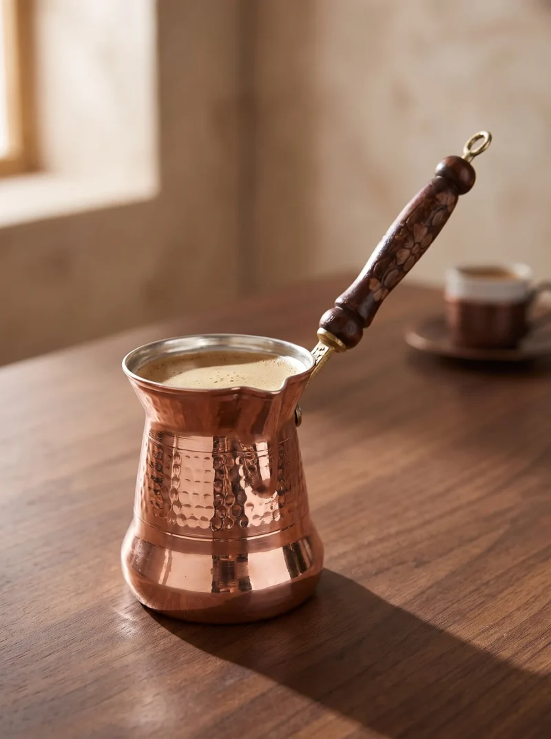 El yapımı bakır cezve — Sultan Bakır Cezve 1 No İnce Ahşap Kulp 2 Fincan Makine Dövme Kırmızı — Türk kahvesi pişirme ve servisi — BakırBul