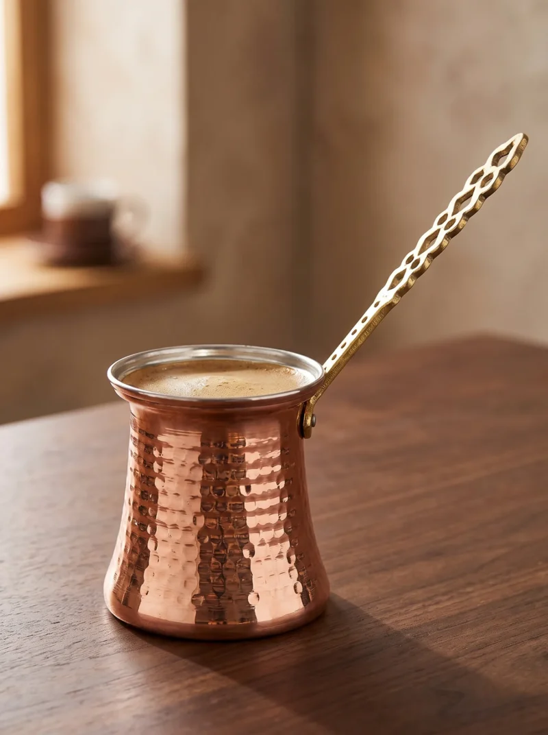 sultan-cezve-1-no-ince-pirinc-kulp-2-fincan-makine-dovme-kirmizi-bb1200-1-sahne-1 El yapımı bakır cezve — Sultan Bakır Cezve 1 No İnce Pirinç Kulp 2 Fincan Makine Dövme Kırmızı — Türk kahvesi pişirme ve servisi — BakırBul