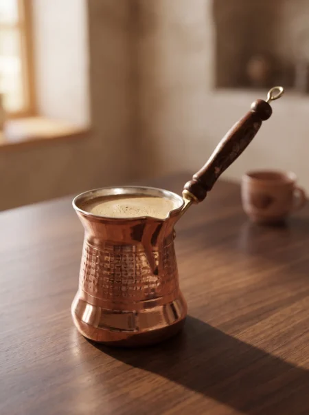 sultan-cezve-1-no-kalin-ahsap-kulp-2-fincan-makine-dovme-kirmizi-bb1250-1-sahne-1 El yapımı bakır cezve — Sultan Bakır Cezve 1 No Kalın Ahşap Kulp 2 Fincan Makine Dövme Kırmızı — Türk kahvesi pişirme ve servisi — BakırBul