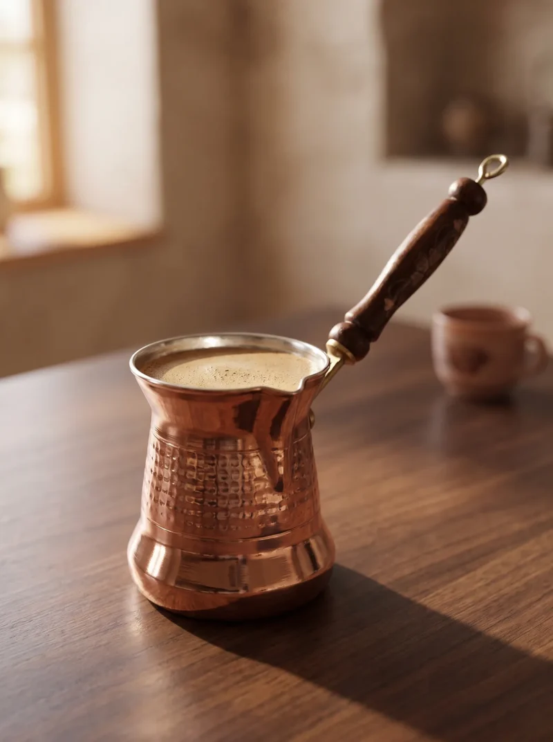 sultan-cezve-1-no-kalin-ahsap-kulp-2-fincan-makine-dovme-kirmizi-bb1250-1-sahne-1 El yapımı bakır cezve — Sultan Bakır Cezve 1 No Kalın Ahşap Kulp 2 Fincan Makine Dövme Kırmızı — Türk kahvesi pişirme ve servisi — BakırBul