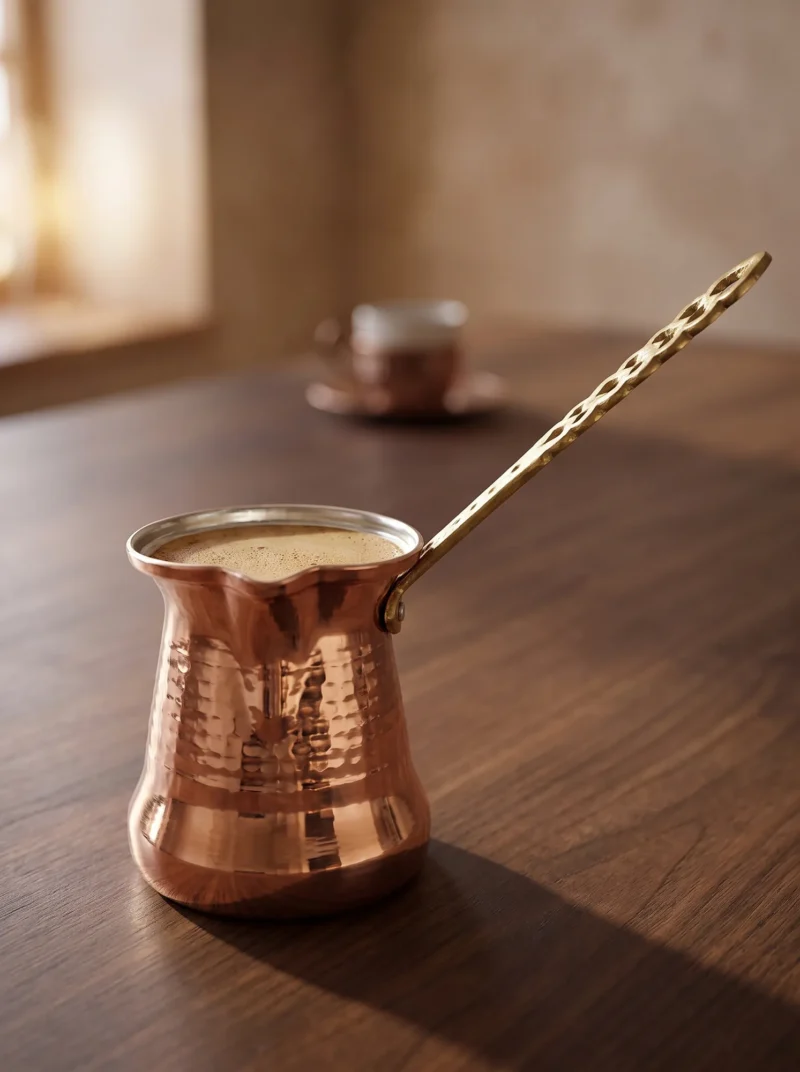 El yapımı bakır cezve — Sultan Bakır Cezve 1 No Kalın Pirinç Kulp 2 Fincan Makine Dövme Kırmızı — Türk kahvesi pişirme ve servisi — BakırBul