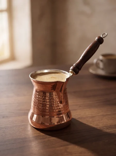 El yapımı bakır cezve — Sultan Bakır Cezve 2 No Kalın Ahşap Kulp 3 Fincan Makine Dövme Kırmızı — Türk kahvesi pişirme ve servisi — BakırBul
