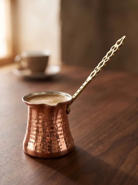 El yapımı bakır cezve — Sultan Bakır Cezve 2 No Kalın Pirinç Kulp 3 Fincan Makine Dövme Kırmızı — Türk kahvesi pişirme ve servisi — BakırBul