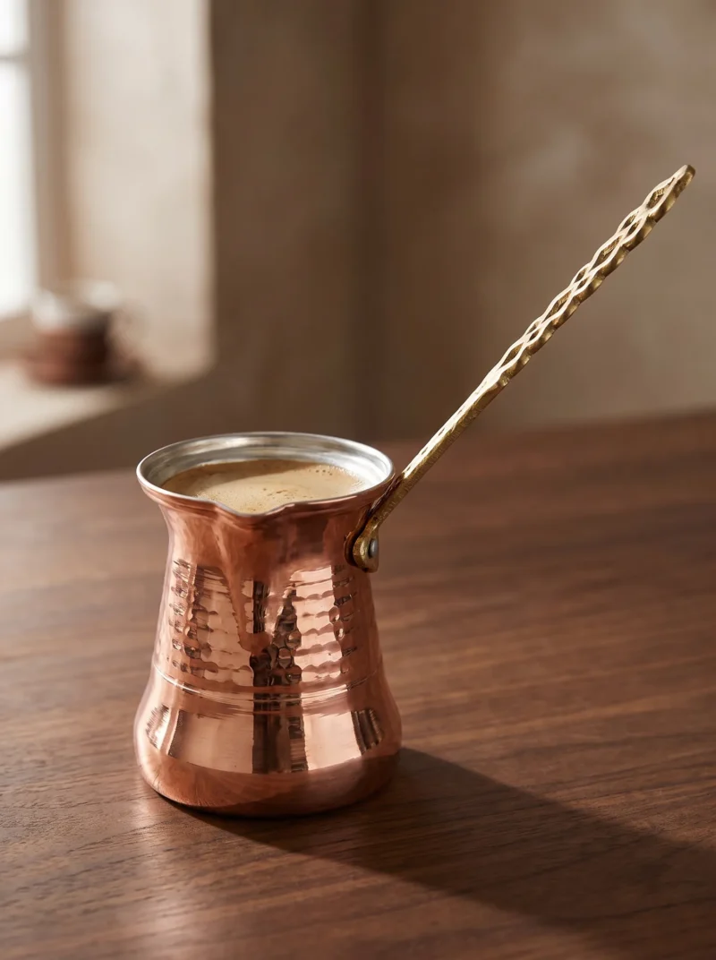 El yapımı bakır cezve — Sultan Bakır Cezve 3 No İnce Pirinç Kulp 4 Fincan Makine Dövme Kırmızı — Türk kahvesi pişirme ve servisi — BakırBul