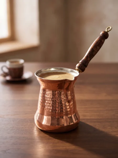 El yapımı bakır cezve — Sultan Bakır Cezve 3 No Kalın Ahşap Kulp 4 Fincan Makine Dövme Kırmızı — Türk kahvesi pişirme ve servisi — BakırBul