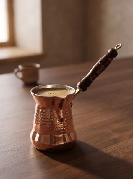 sultan-cezve-4-no-ince-ahsap-kulp-5-fincan-makine-dovme-kirmizi-bb1239-1-sahne-1 El yapımı bakır cezve — Sultan Bakır Cezve 4 No İnce Ahşap Kulp 5 Fincan Makine Dövme Kırmızı — Türk kahvesi pişirme ve servisi — BakırBul