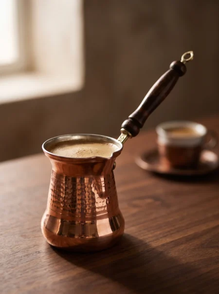 sultan-cezve-4-no-kalin-ahsap-kulp-5-fincan-makine-dovme-kirmizi-bb1253-1-sahne-1 El yapımı bakır cezve — Sultan Bakır Cezve 4 No Kalın Ahşap Kulp 5 Fincan Makine Dövme Kırmızı — Türk kahvesi pişirme ve servisi — BakırBul