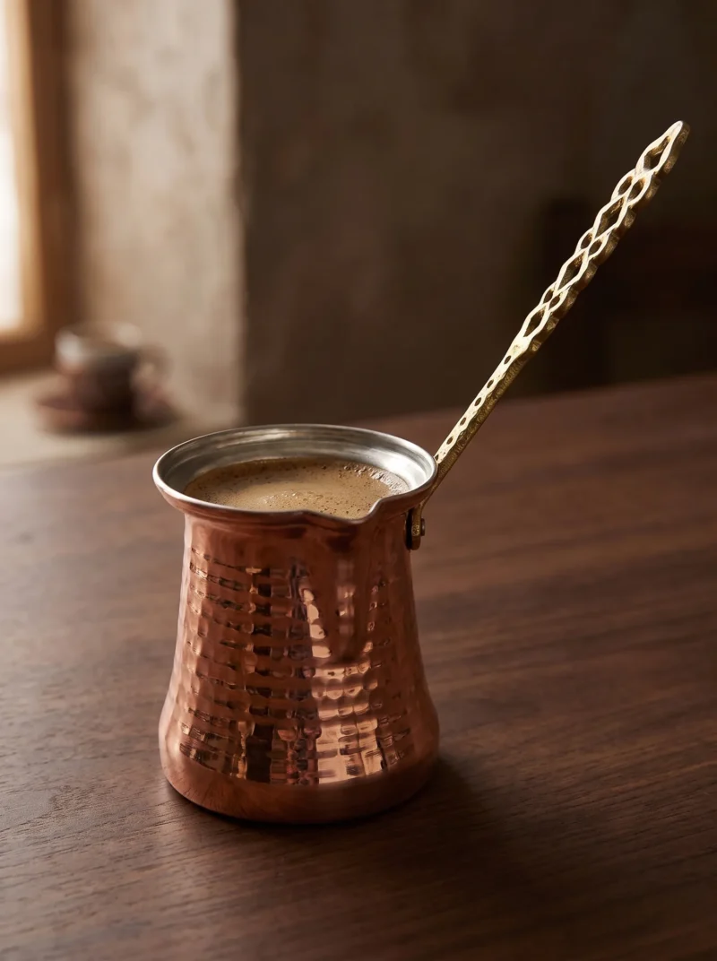 El yapımı bakır cezve — Sultan Bakır Cezve 4 No Kalın Pirinç Kulp 5 Fincan Makine Dövme Kırmızı — Türk kahvesi pişirme ve servisi — BakırBul