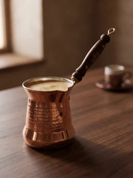 sultan-cezve-5-no-ince-ahsap-kulp-6-fincan-makine-dovme-kirmizi-bb1240-1-sahne-1 El yapımı bakır cezve — Sultan Bakır Cezve 5 No İnce Ahşap Kulp 6 Fincan Makine Dövme Kırmızı — Türk kahvesi pişirme ve servisi — BakırBul