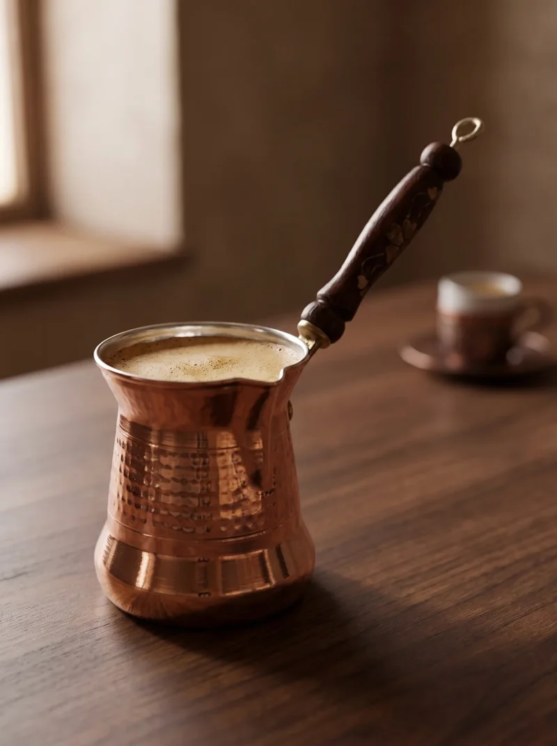 sultan-cezve-5-no-ince-ahsap-kulp-6-fincan-makine-dovme-kirmizi-bb1240-1-sahne-1 El yapımı bakır cezve — Sultan Bakır Cezve 5 No İnce Ahşap Kulp 6 Fincan Makine Dövme Kırmızı — Türk kahvesi pişirme ve servisi — BakırBul