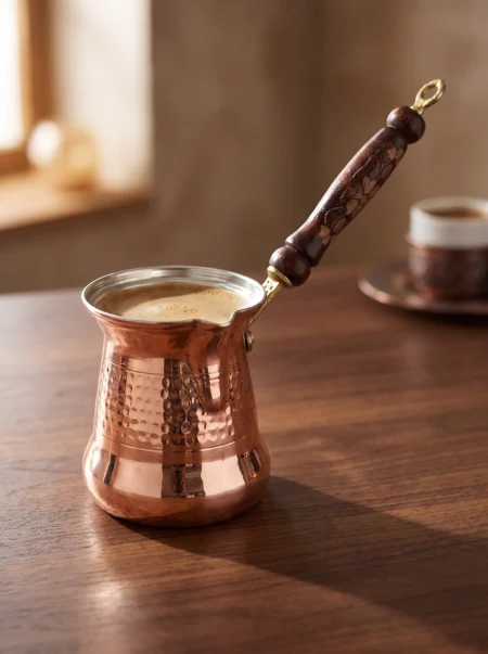 sultan-cezve-5-no-kalin-ahsap-kulp-6-fincan-makine-dovme-kirmizi-bb1254-1-sahne-1 El yapımı bakır cezve — Sultan Bakır Cezve 5 No Kalın Ahşap Kulp 6 Fincan Makine Dövme Kırmızı — Türk kahvesi pişirme ve servisi — BakırBul