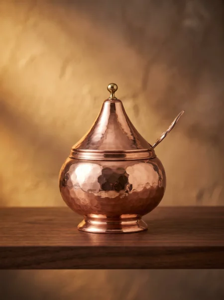tabbal-kasikli-kubbe-baharatlik-el-dovme-kirmizi-bb0014-1-sahne-1 El yapımı bakır ürün — Tabbal Kaşıklı Kubbe Bakır Baharatlık El Dövme Kırmızı — baharat saklama ve mutfakta sergileme — BakırBul