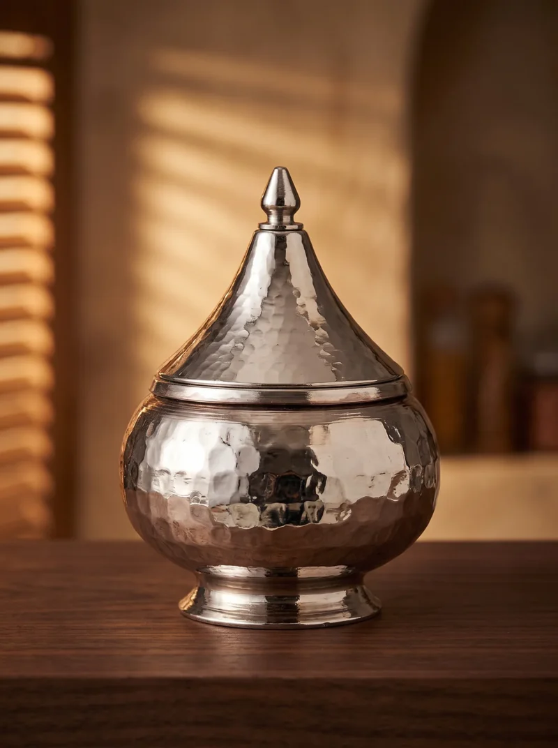 tabbal-kubbe-baharatlik-el-dovme-nikel-bb0013-2-sahne-1 El yapımı bakır ürün — Tabbal Kubbe Bakır Baharatlık El Dövme Nikel — baharat saklama ve mutfakta sergileme — BakırBul