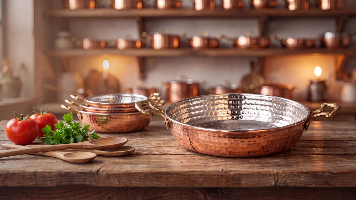 Handmade Turkish copper pans on a wooden counter, with shelves of copper cookware behind