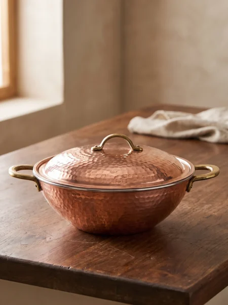 El yapımı bakır tava — Wok Bakır Tava 25 cm Kapaklı El Dövme Kırmızı — kızartma ve kavurma — BakırBul